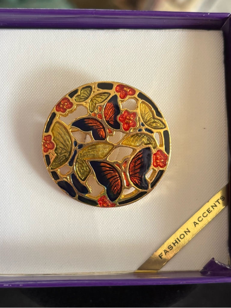Vintage Gold-Tone Butterfly Floral Brooch In Orange & Green Enamel